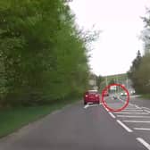 Deer runs across busy main road causing car to swerve.