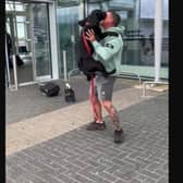 Joyous puppy is filled with excitement as he spots his human dad after being apart for a few days.