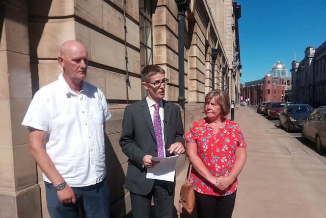 Terry and Kate Gascoigne, with their lawyer Nick Gray, head of clinical negligence at Williamsons Solicitors