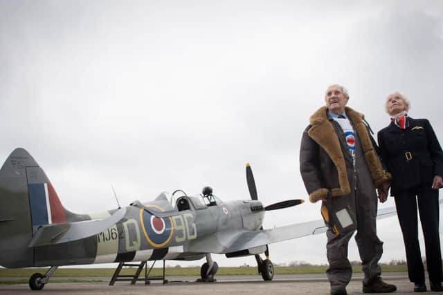 Mary Ellis with former Squadron Leader Allan Scott, 96 at the RAF100 commemorations at Biggin Hill Airport in Kent, earlier this year