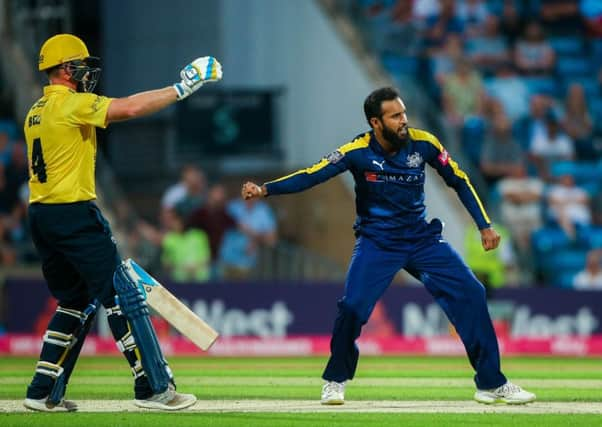 Yorkshire's Adil Rashid celebrates the wicket of Birmingham's Sam Hain in Friday night's T20 Blast win. Picture by Alex Whitehead/SWpix.com