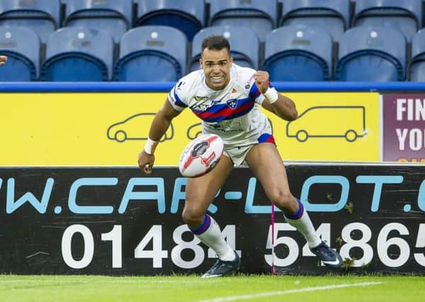 Picture by Allan McKenzie/SWpix.com - 11/05/2018 - Rugby League - Ladbrokes Challenge Cup - Huddersfield Giants v Wakefield Trinity - John Smith's Stadium, Huddersfield, England - Wakefield's Mason Caton-Brown celebrates his try against Wakefield.