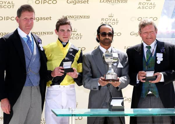 Trainer Mark Johnston, right, and connections after Main Edition's Royal Ascot win.