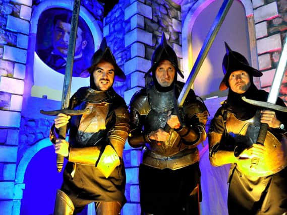 Princess Ida's brothers l to r..David Thomson 'Arac', David Twizell 'Scyntius' and Kimmo Eriksson 'Guron' from the Peak Opera Company performing Princess Ida at the 25th International Gilbert & Sullivan Festival in Harrogate