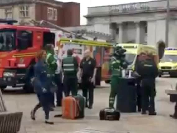 Police and emergency services on King Edward Street, Hull, after a man with a "bladed weapon" attempted to start a fire in a bank. Photo: Jaden Boyle/PA Wire