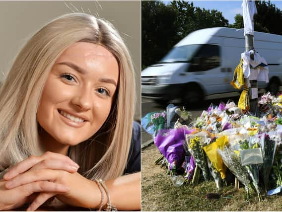 Robyn Hoban, left, and the flowers left to her four friends killed in the crash