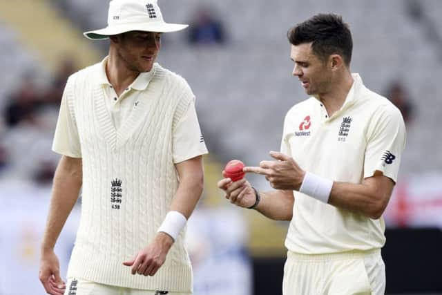 England's Stuart Broad, left and James Anderson have struggled on tours. (AP Photo/Ross Setford)