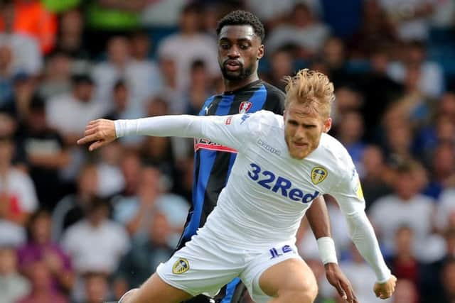 Leeds United's Samu Saiz skips past the challenge of Rotherham United's Semi Ajayi during the recent Championship clash at Elland Road. Picture: Richard Sellers/PA