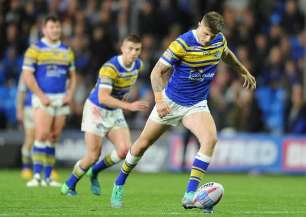 14 September  2018......    Leeds Rhinos v Salford, Super League Qualifiers
Rhinos Liam Sutcliffe scores a penalty in the final seconds to give Leeds the win   Picture Tony Johnson.