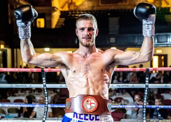 Reece Cartwright celebrates winning the English middleweight title last weekend. Picture: Manjit Narotra/MSN Images.