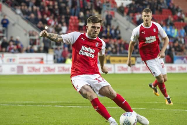 GET IN: Rotherham's Ryan Manning fires home from the penalty spot. Picture: Dean Atkins