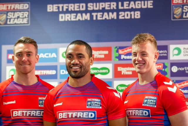 Wakefield trio Matty Ashurst, Bill Tupou and Tom Johnstone at Monday's Super League Dream Team announcement (Allan McKenzie/SWpix.com)