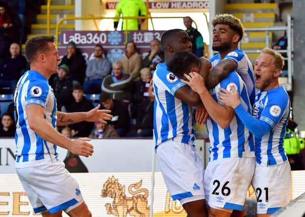 Huddersfield Town's Christopher Schindler celebrates his equaliser..