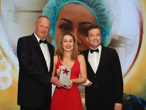 Jessica Smithson at the awards ceremony at the Hilton Hotel, Park Lane, London, with Stephen Mulhern.