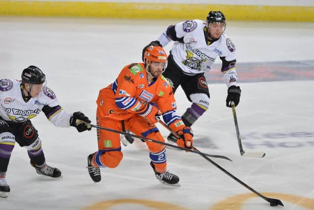 STRIKE FOUR: Justin Buzzeo pounced on a Steffan Deall Rovere feed from behind the net to make it 4-1 against Manchester. Picture: Dean Woolley.