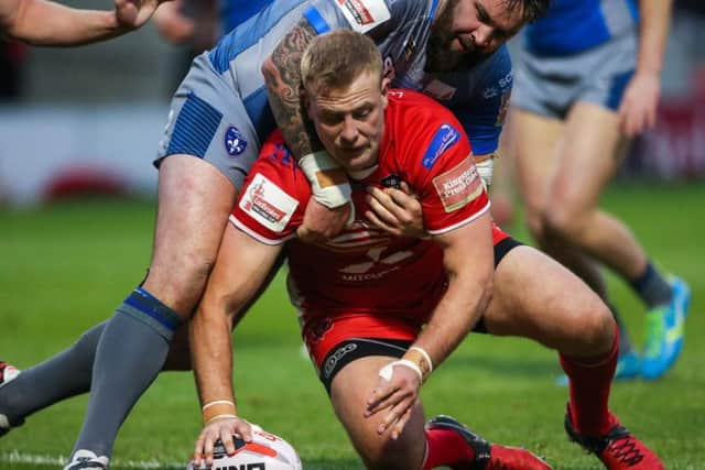 Salford's Craig Kopczak scores against Wakefield last year. He has now joined Trinity on a one-year deal. (SWPix)