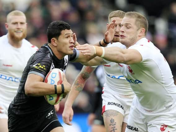 England's George Burgess tackles New Zealand's Dallin Watene-Zelezniak in the first Test in Hull. The England player has been cited for an incident involving the same player in the second Test at Liverpool. (SWPix)