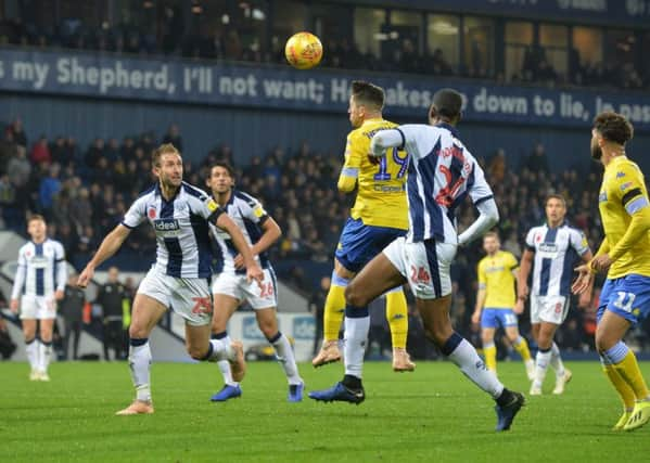 Consolation: Pablo Hernandez heads in Leeds' late goal.    Picture: Bruce Rollinson