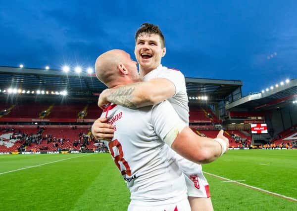 England's Chris Hill & John Bateman celebrate victory over New Zealand at Anfield. Picture: Allan McKenzie/SWpix.com