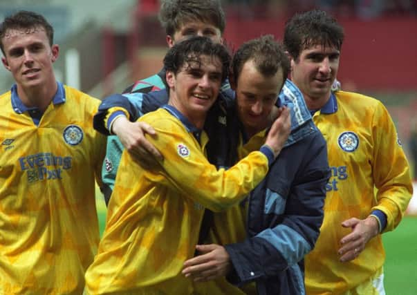 Gary Speed celebrates winning the title with teammates in 1992. PIC: YPN