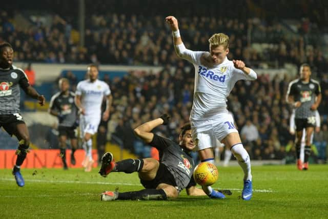 DIVE: Ezgjan Alioski goes down in the box under pressure from Tiago Ilori and gets a yellow card.  Picture: Bruce Rollinson