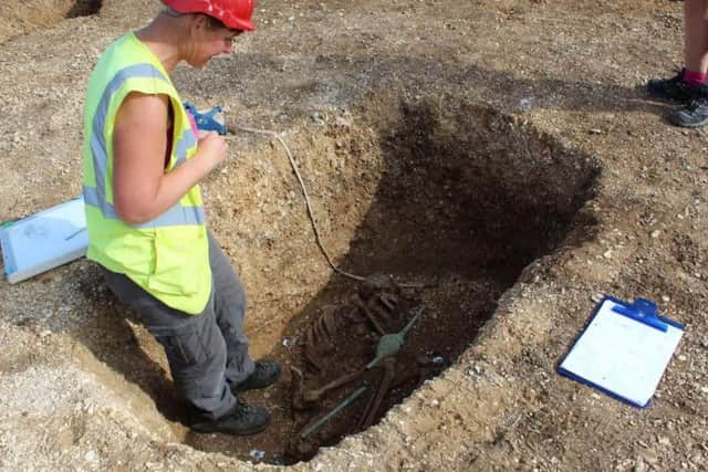 The remains of a shield in a second burial where a young man had been ritually speared