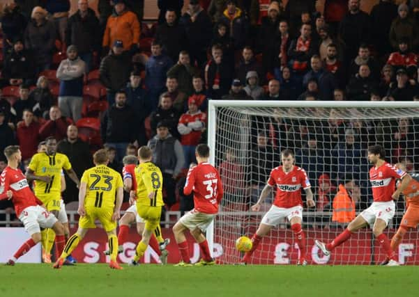 Going out: Jake Hesketh scores Albion's goal against 
Middlesborough.  Picture: Bruce Rollinson