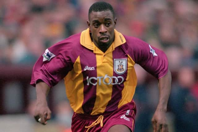 Jamie Lawrence of Bradford in action during a Premier League match against Sunderland at Valley Parade. Picture: Michael Steele /Allsport