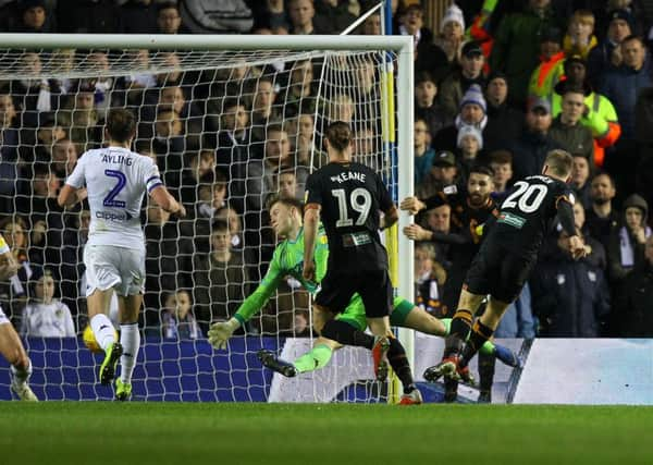 DOUBLE TROUBLE: Jarrod Bowen fires home his and Hull's second against Leeds United at Elland Road on saturday. Picture: Gareth Williams/AHPIX.com