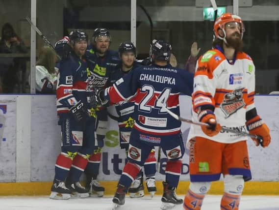 Sheffield Steelers Ryan Martinelli is dejected as Dundee Stars celebrate a goal in their 6-1 victory (Picture: Derek Black).