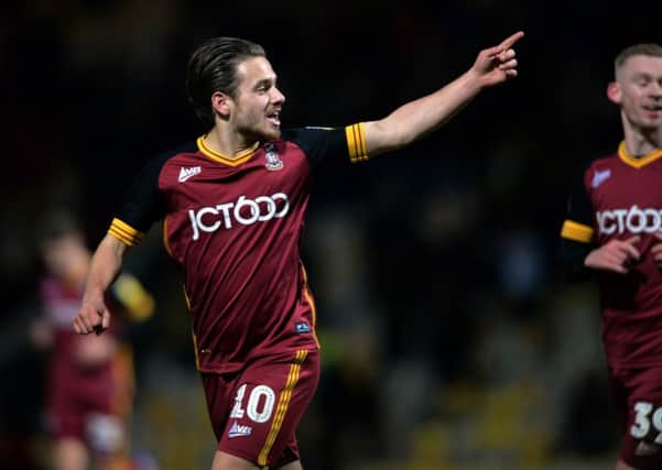 Jack Payne, who has extended his stay at Bradford, celebrates scoring their opener against Shrewsbury. (Picture: Bruce Rollinson)