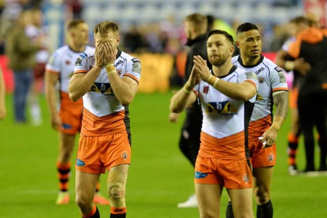 Michael Shenton and Luke Gale at full time after Wigan Warriors celebrate going through to the the SuperLeague Grand Final. (Picture: Bruce Rollinson)