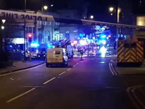 A huge police and fire cordon is in place in Batley after the gas explosion. Photo: Baz Bunn