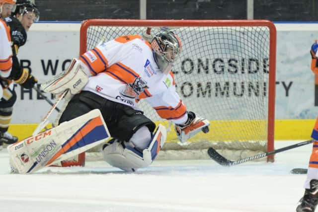 HIGHLIGHT REEL: Sheffield Steelers' netminder Jackson Whistle pulls off a stunning save to deny Nottingham Panthers' 	Robert Lachowicz. Picture: Karl Denham/EIHL.