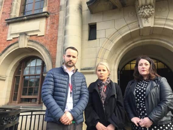 Save the PRS campaign group's Alex Boyce, parent of a Grove Academy student Natalie Astwood and National Education Union's Karen Carberry after the meeting. Picture: Lachlan Leeming