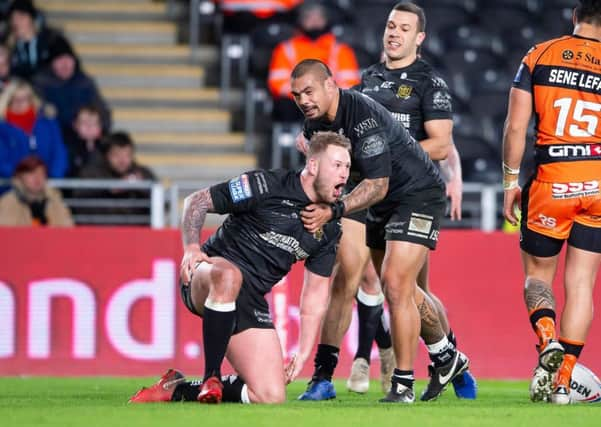 Hull FC's Joe Westerman celebrates his try against Castleford. Picture: Allan McKenzie/SWpix.com