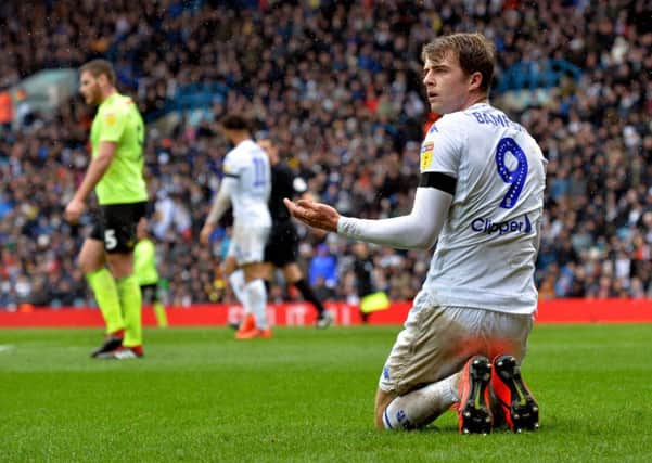 Patrick Bamford questions the linesmans decision.
Leeds United v Sheffield United.  SkyBet Championship.  Elland Road.
16 March 2019.  Picture Bruce Rollinson