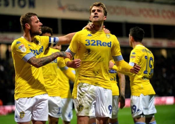 Patrick Bamford celebrates scoring Leeds opener.
 Picture: Bruce Rollinson