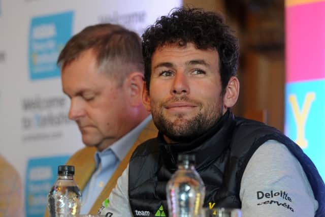 Sir Gary Verity and top cyclist Mark Cavendish at the launch of the 2018 Tour de Yorkshire.