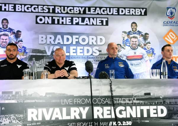 Bradford Bulls' Elliot Minchella, head coach John Kear, Leeds Rhinos head coach  Richard Agar and James Donaldson.