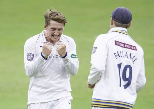 Yorkshire's Dom Bess celebrates dismissing Essex's Simon Harmer.