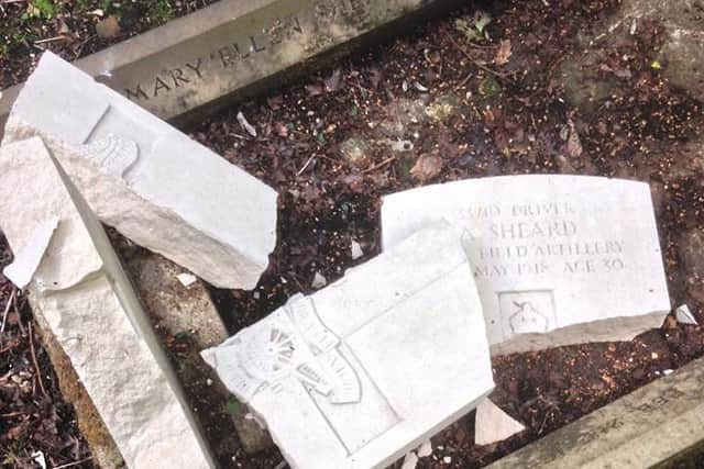 One of the gravestones that was found smashed in a cemetery in the run-up to D-Day, following what has been described as the "callous thoughtlessness" of vandals