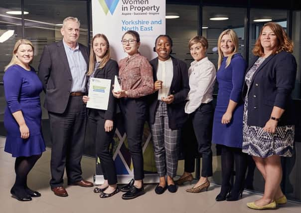 Winners and judges photo L:R Kate Girling, Savills (national award sponsor), David Timbs, Christopher Smith Associates (regional awards sponsor), Sinead Burke, Highly Commended (Leeds College of Building), Weronika Pawlowska, winner (University of Sheffield), Eunice John, winner (Leeds Beckett University), Erica Bell, Linden Homes (national awards sponsor), Lindsay Ramsden, Avant Hones (Regional Chair of Women in Property), Hannah Richardson, Spawforths (Student Awards Tsarina for Women in Property Yorkshire & North East)