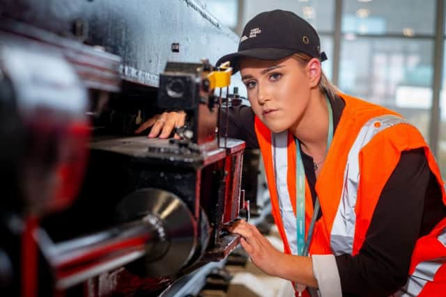 Caitlin Gent in the engineering workshop at Doncaster's National College for High Speed Rail.