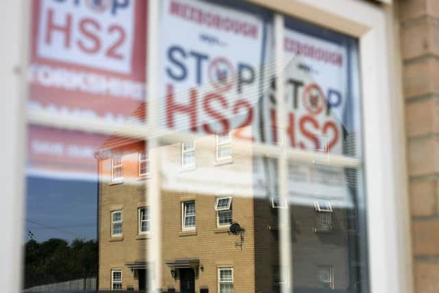 Protest banners on the Shimmer housing estate in South Yorkshire which might have to be demolished to make way for HS2.