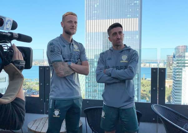 Leeds United's Pablo Hernandez (right) and Liam Cooper speak to reporters in Perth, Australia. (Picture: Simon Peach/PA Wire)