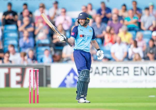 Yorkshire's Adam Lyth celebrates his half century against the Worcester Rapids. Picture: Allan McKenzie/SWpix.com