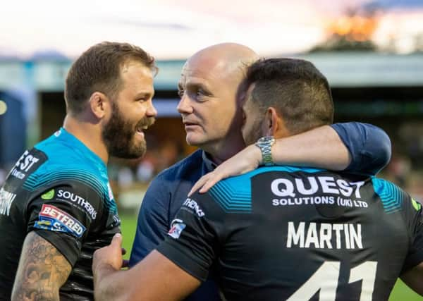 All smiles: Richard Agar congratulats Rhyse Martin after Leeds Rhinos win over Castleford Tigers last month. (Picture: SWPix.com)