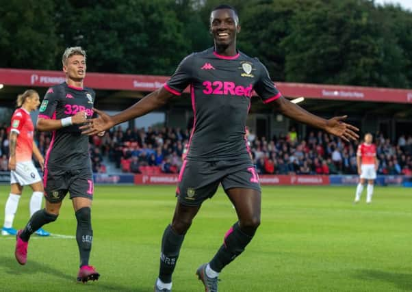 On target: Eddie Nketiah ceelbrates scoring on his Leeds debut. 
Picture: Bruce Rollinson