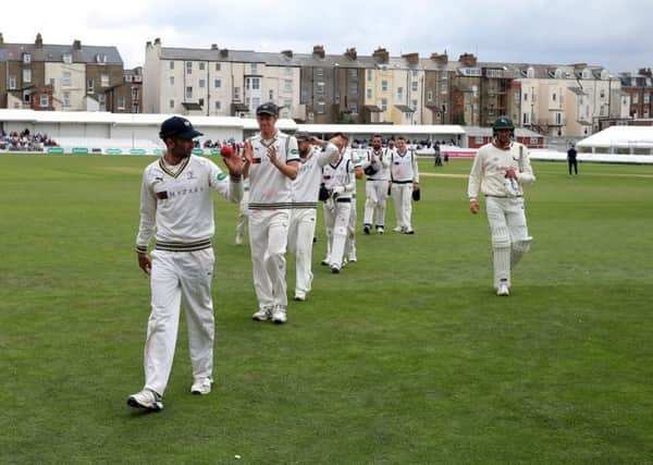 Yorkshire's Keshav Maharaj with the match ball after his side's 143-run win over Nottinghamshire at Scarborough. Picture: Richard Sellers/SWpix.com